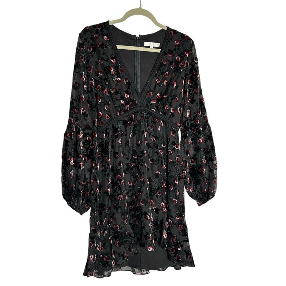 Wayf Black Crushed Velvet Floral Print V Neck‎ Long Sleeve Mini Dress Small